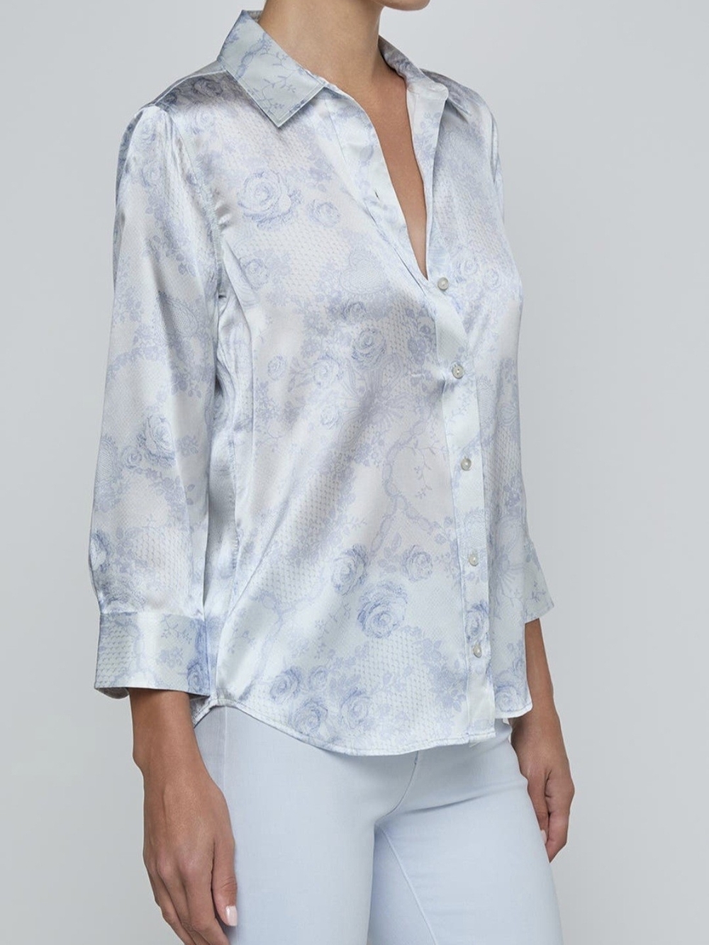 NWT L'AGENCE Light Blue Floral Satin Button-Down Blouse